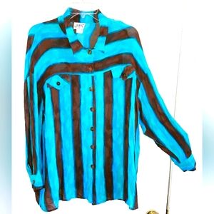 Sheer Chiffon Vintage Y2K Blue Stripe Long Sleeve Button Blouse Shirt Top Sz M/L